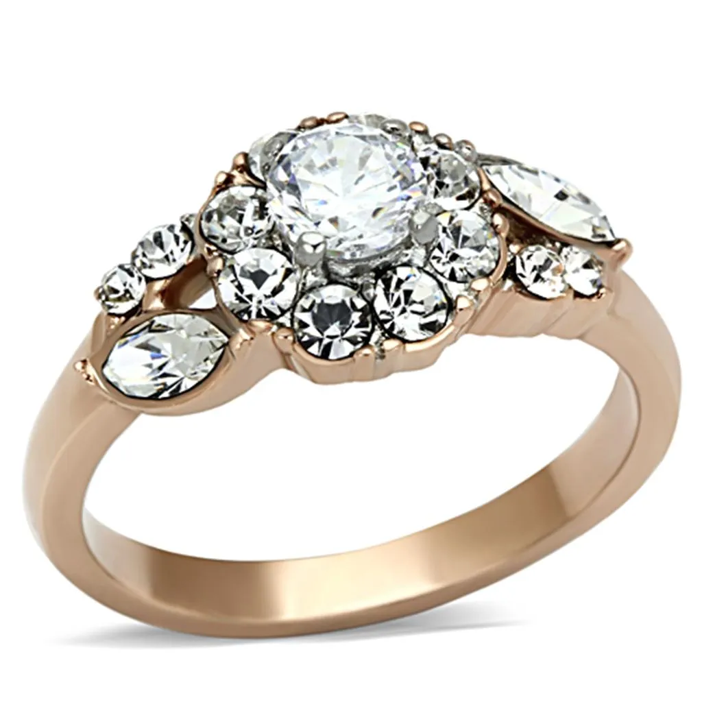 Two-Tone IP Rose Gold Stainless Steel Ring with AAA Grade CZ in Clear for Women Style TK1164