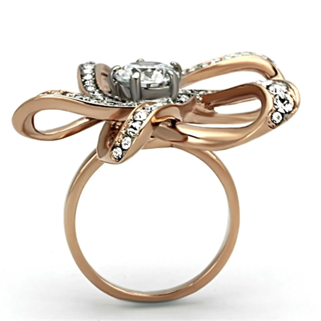 Two-Tone IP Rose Gold Stainless Steel Ring with AAA Grade CZ in Clear for Women Style TK1170