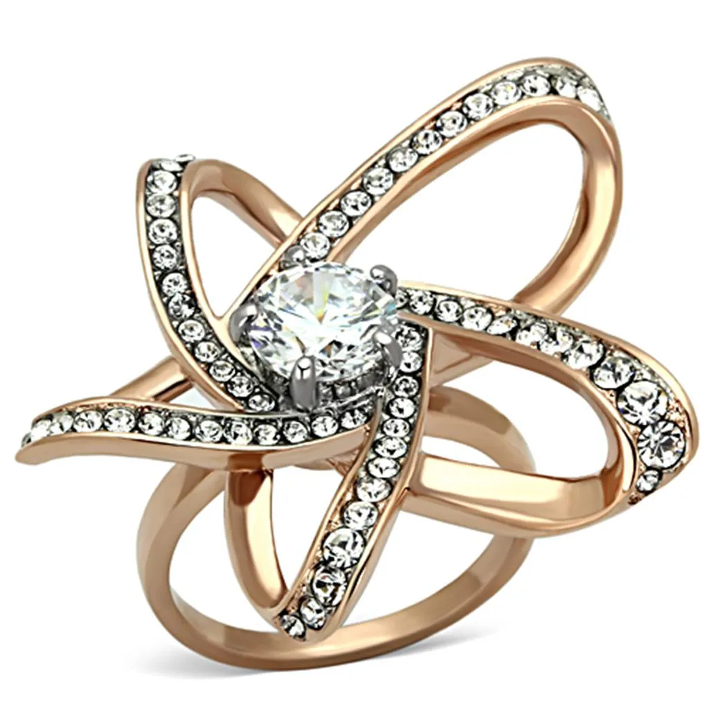 Two-Tone IP Rose Gold Stainless Steel Ring with AAA Grade CZ in Clear for Women Style TK1170