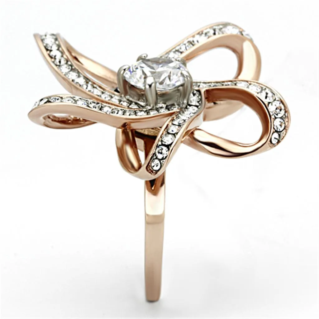 Two-Tone IP Rose Gold Stainless Steel Ring with AAA Grade CZ in Clear for Women Style TK1170