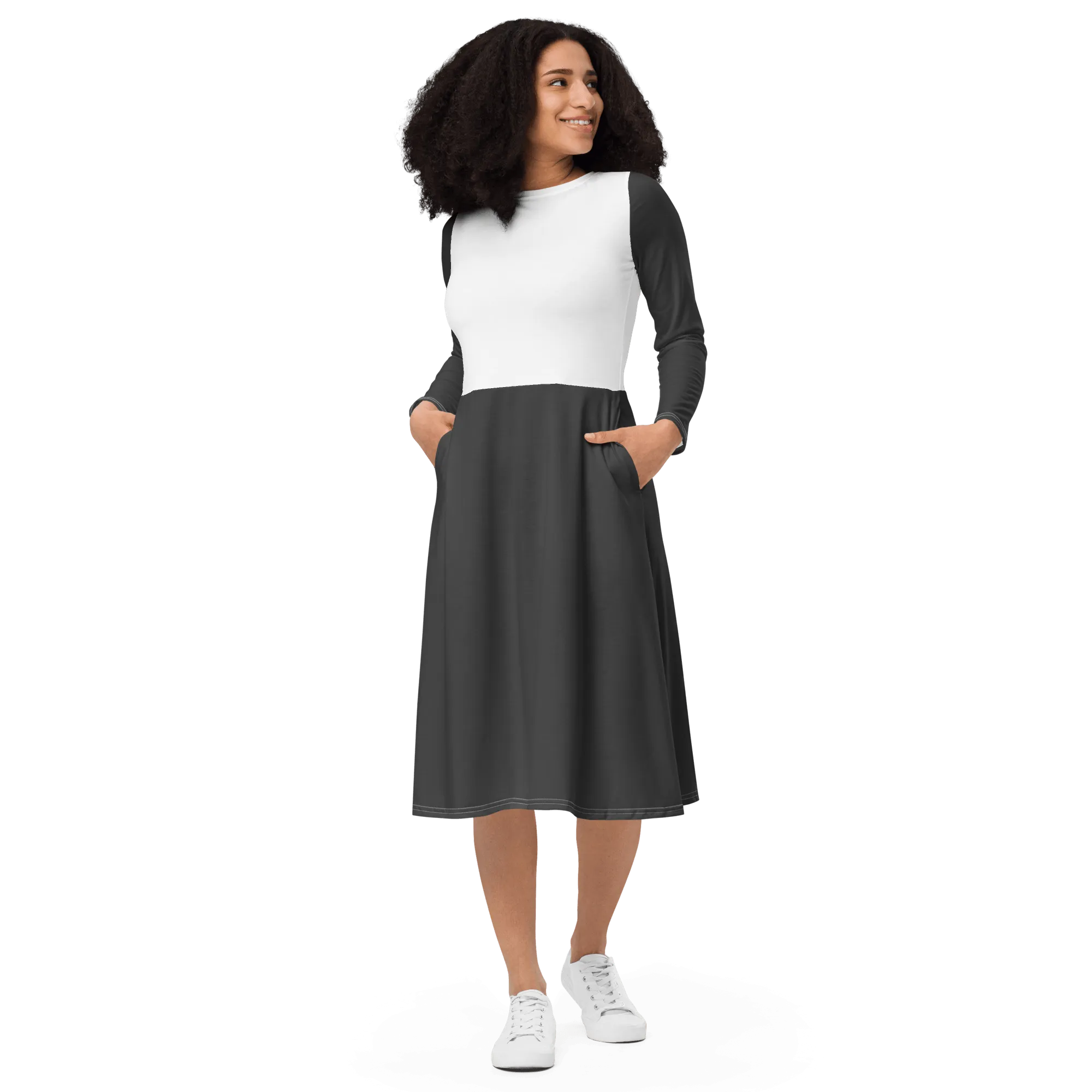 'Two Tone' Long Sleeve Midi Dress