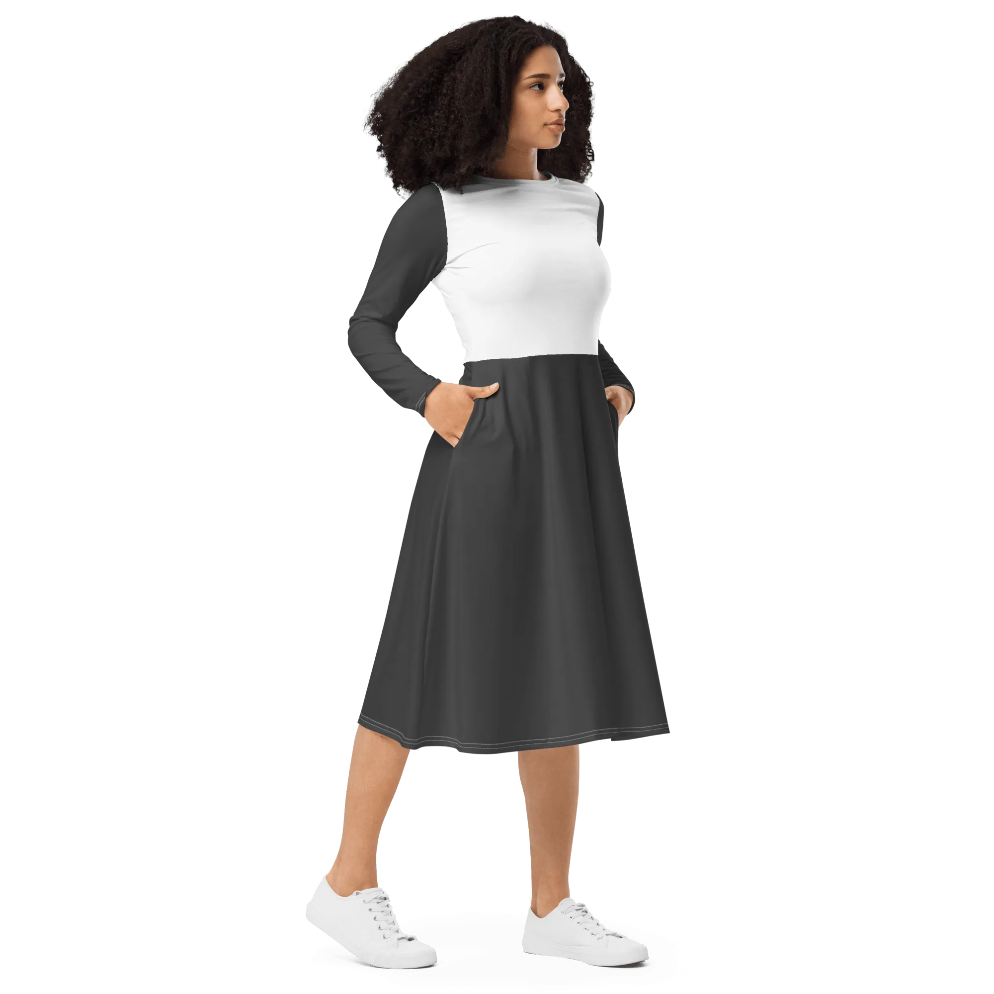 'Two Tone' Long Sleeve Midi Dress