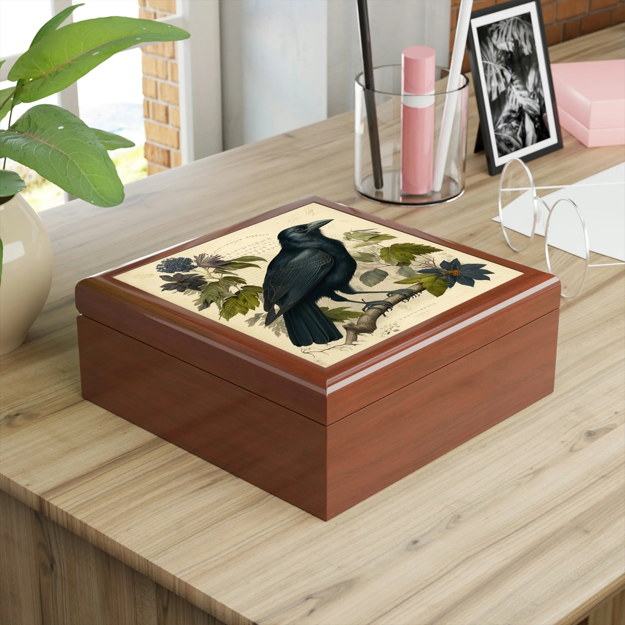 Vintage Crow Wooden Keepsake Jewelry Box