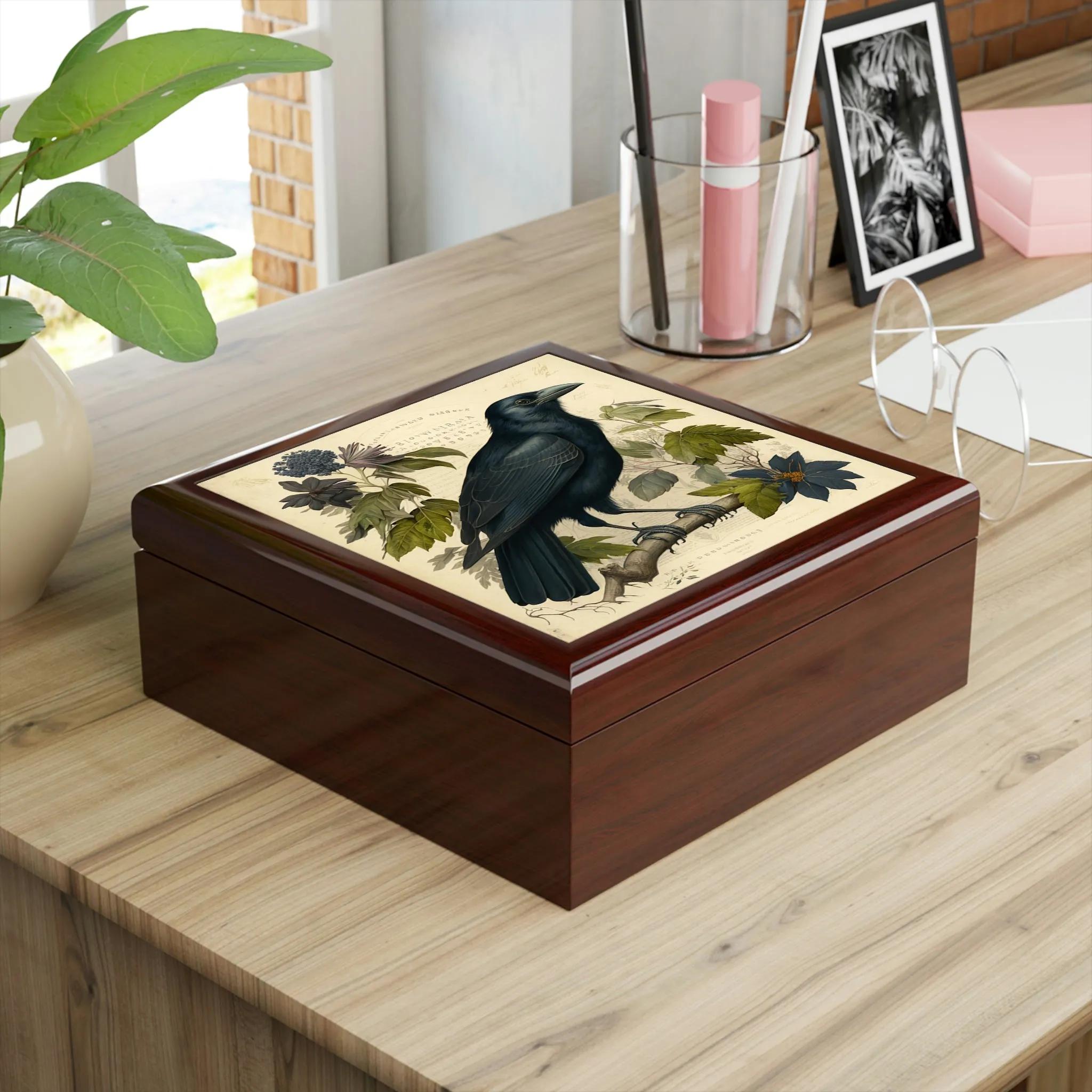 Vintage Crow Wooden Keepsake Jewelry Box