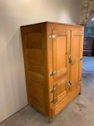 Vintage Ice Box Oak Wood Cabinet, Brass Hardware