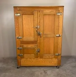 Vintage Ice Box Oak Wood Cabinet, Brass Hardware