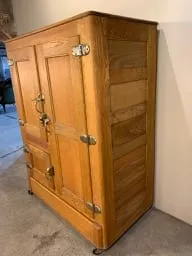 Vintage Ice Box Oak Wood Cabinet, Brass Hardware