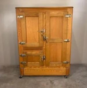 Vintage Ice Box Oak Wood Cabinet, Brass Hardware