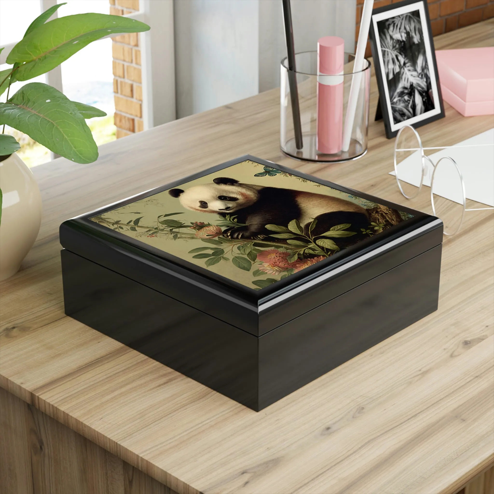 Vintage Panda Art Wooden Keepsake Jewelry Box