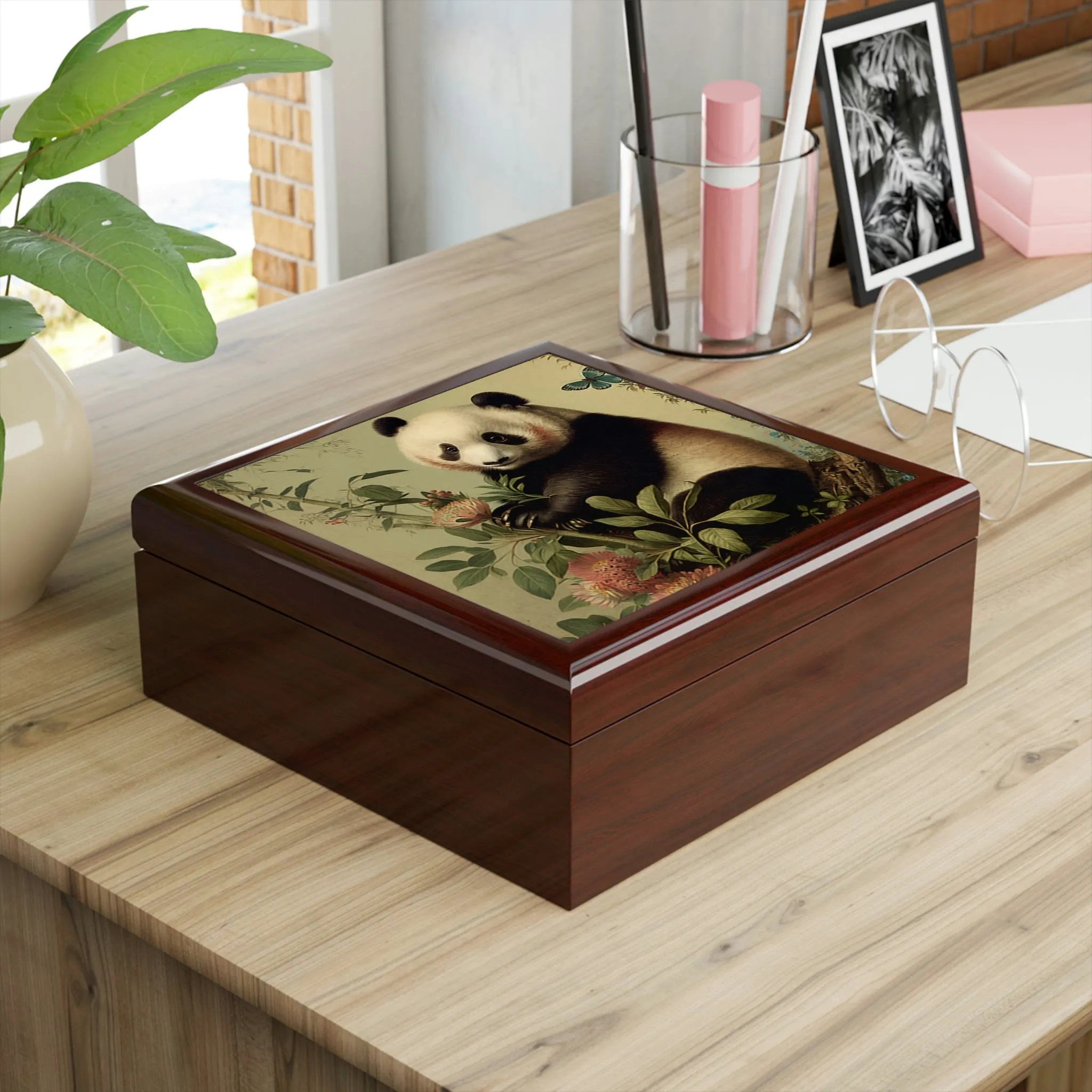 Vintage Panda Art Wooden Keepsake Jewelry Box