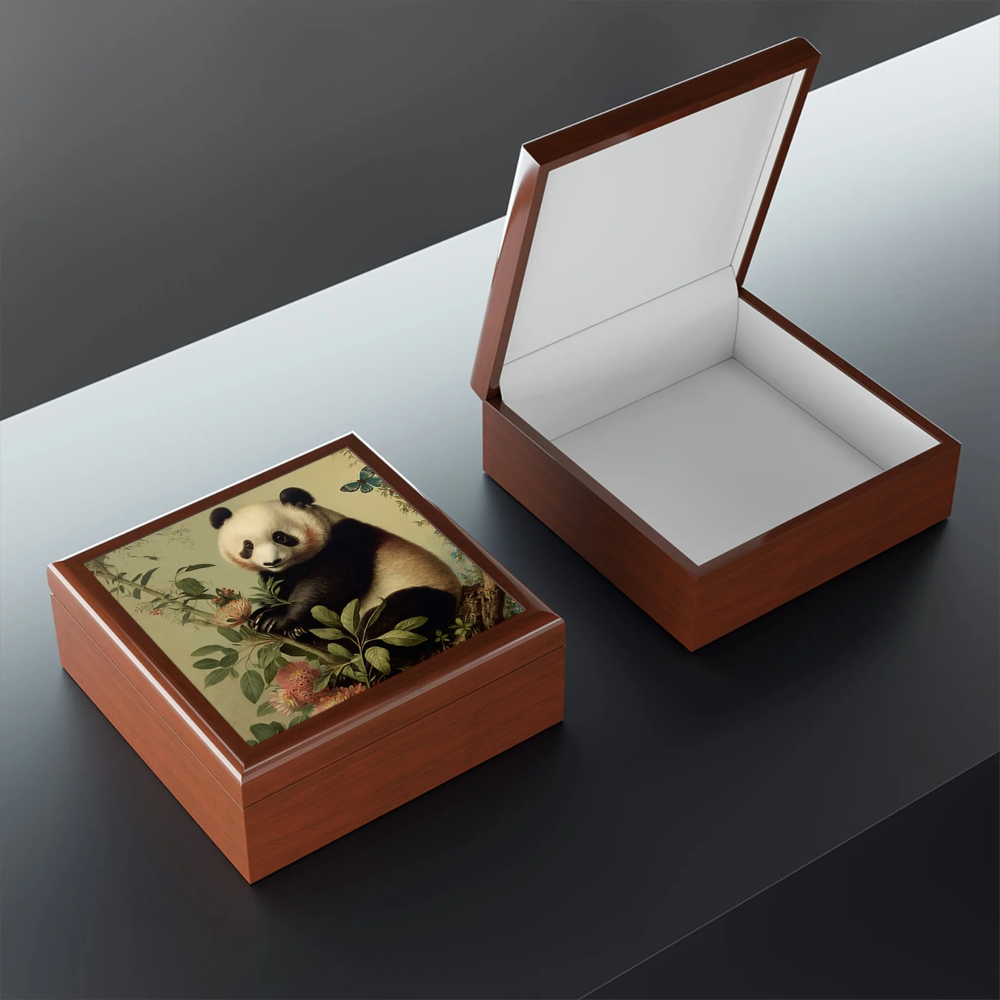 Vintage Panda Art Wooden Keepsake Jewelry Box