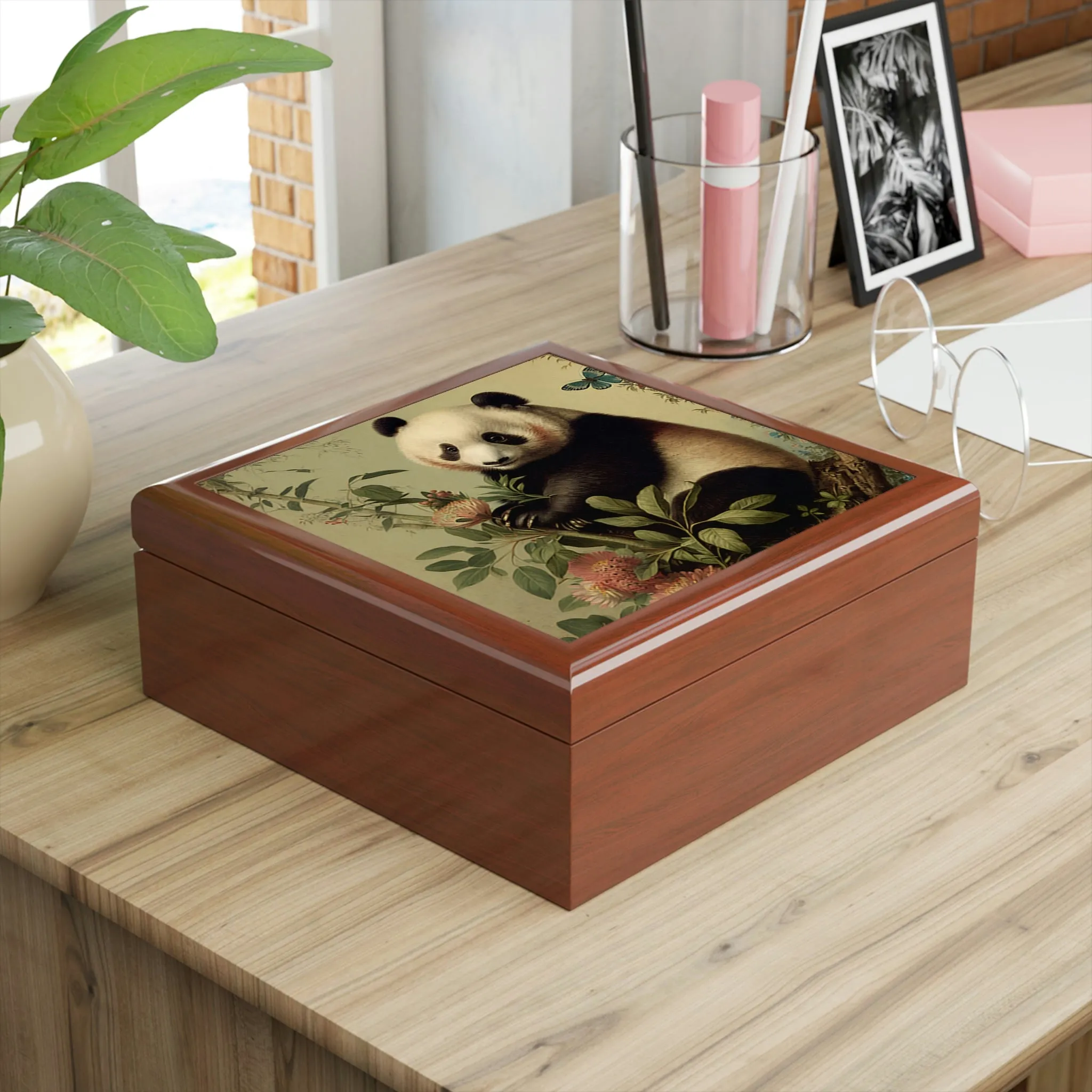 Vintage Panda Art Wooden Keepsake Jewelry Box