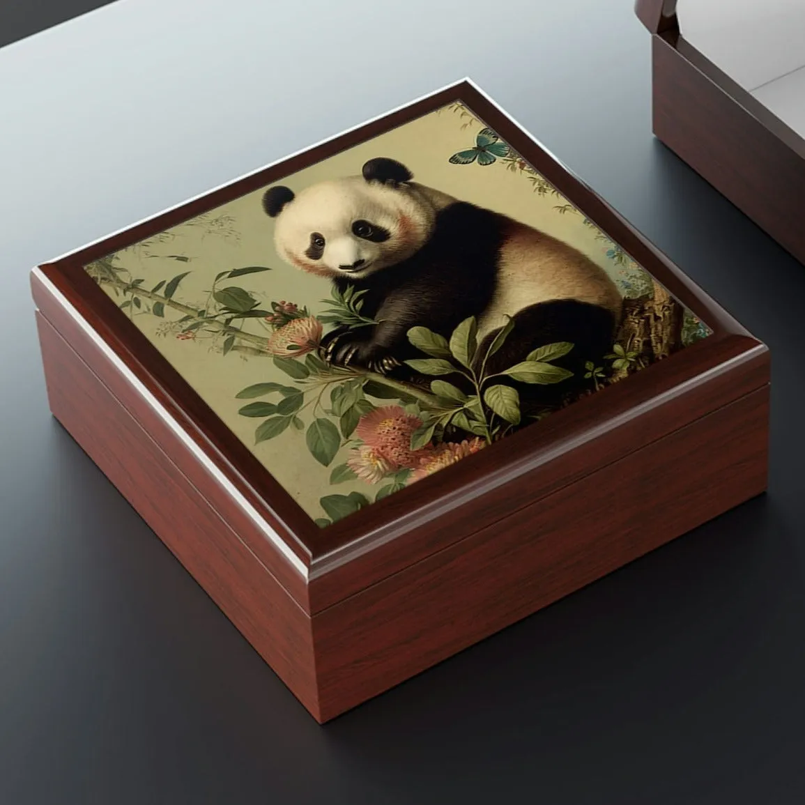 Vintage Panda Art Wooden Keepsake Jewelry Box