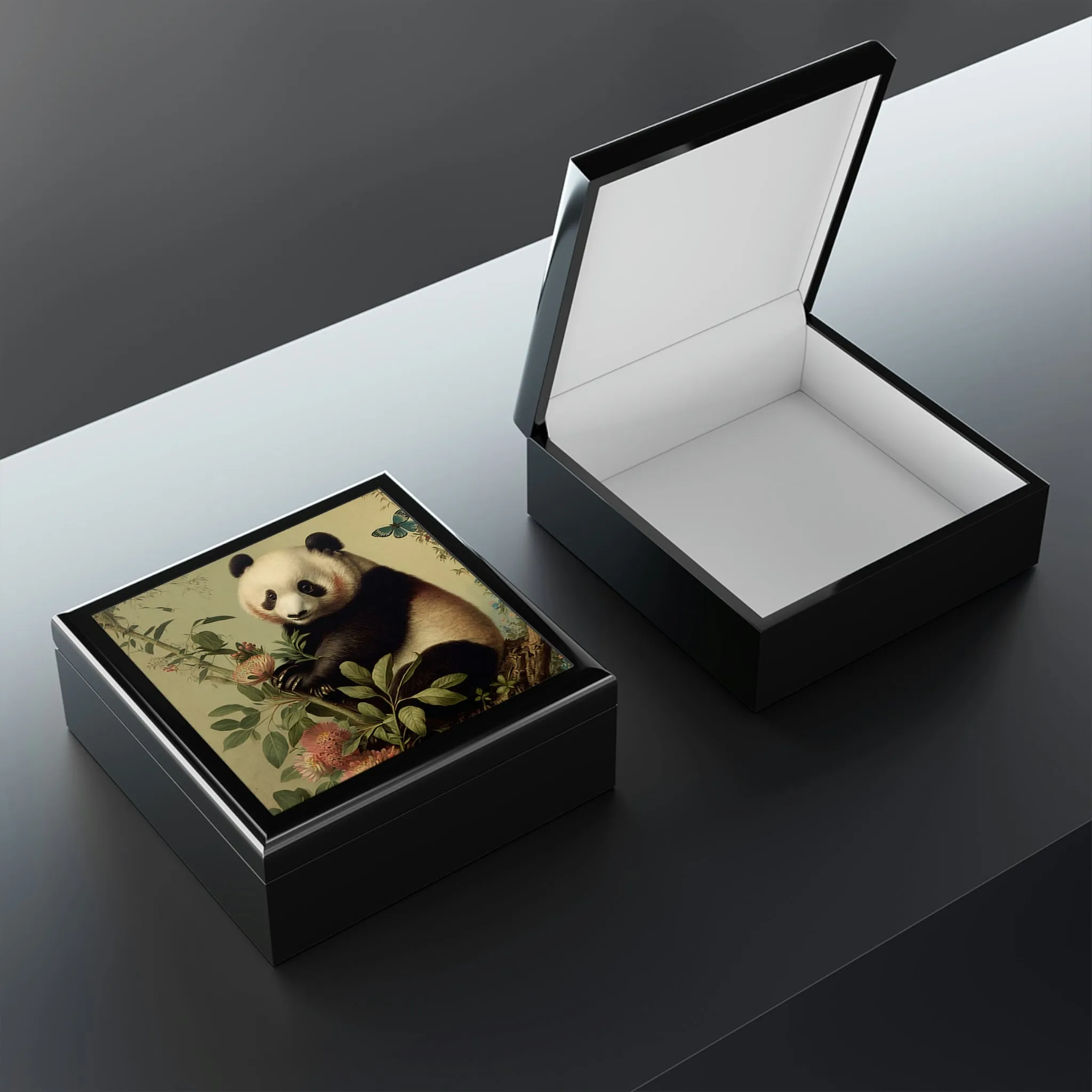 Vintage Panda Art Wooden Keepsake Jewelry Box