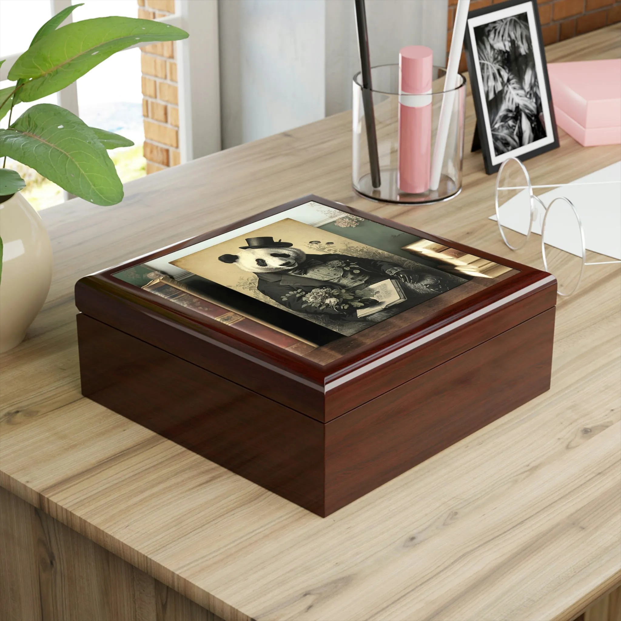 Vintage Panda Bear Art Wooden Keepsake Jewelry Box