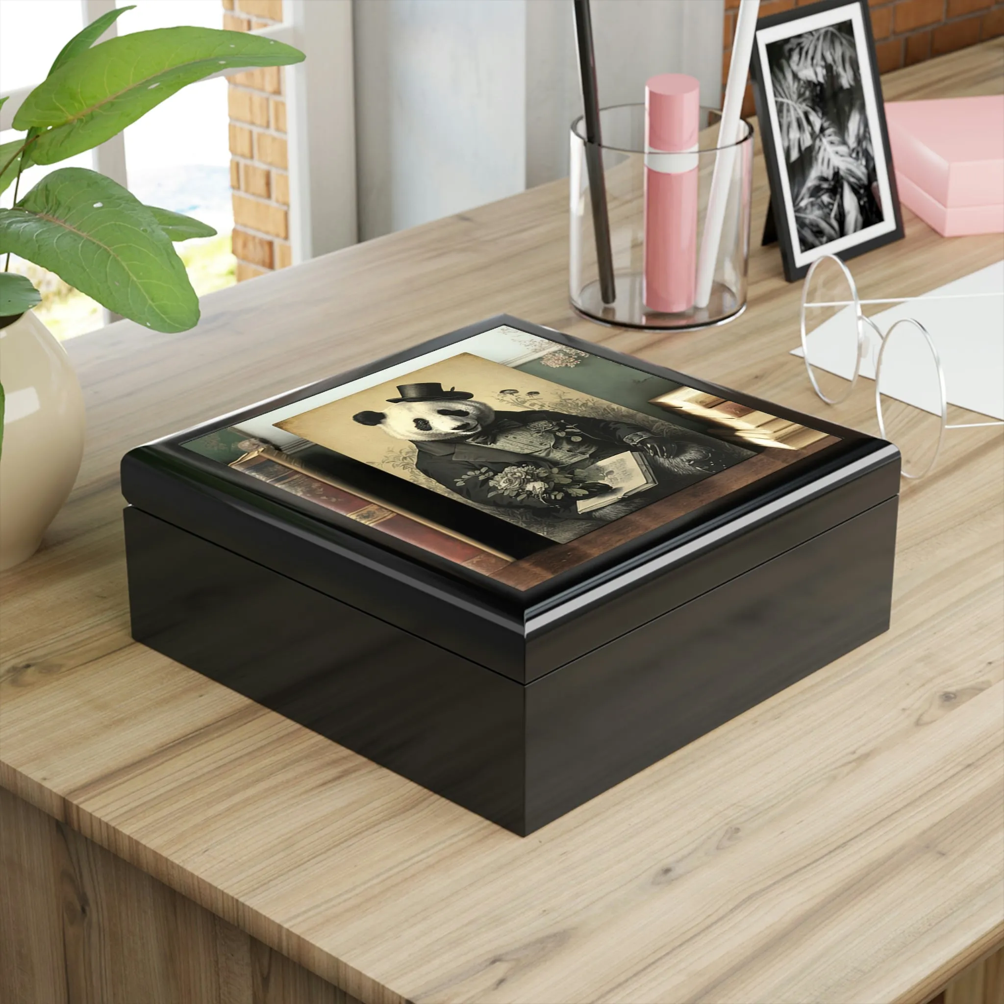 Vintage Panda Bear Art Wooden Keepsake Jewelry Box
