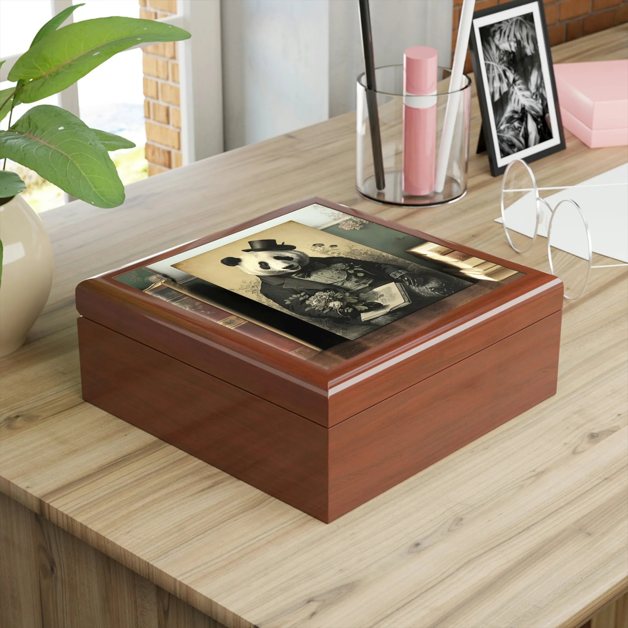 Vintage Panda Bear Art Wooden Keepsake Jewelry Box