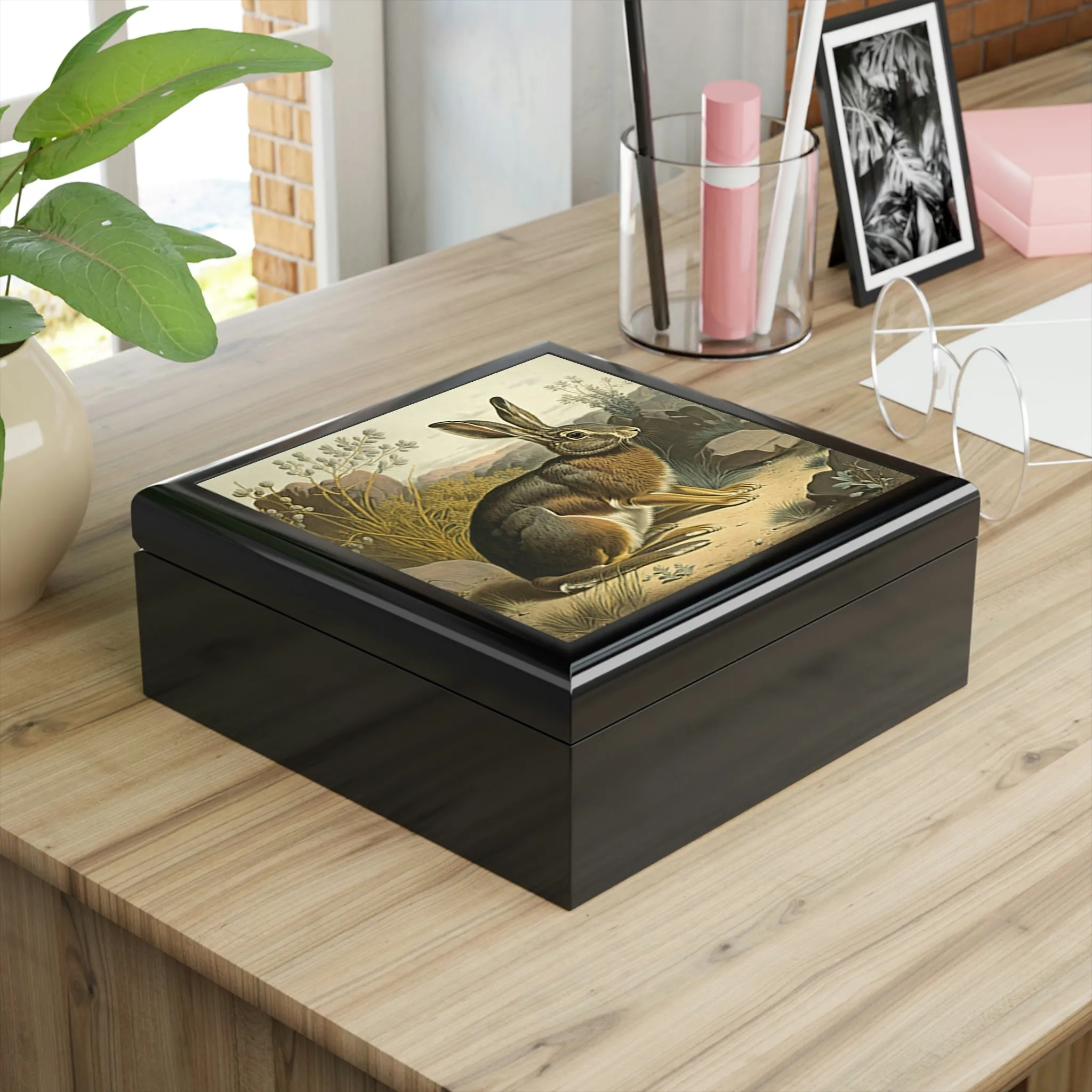 Vintage Rabbit Wooden Keepsake Jewelry Box with Ceramic Tile Cover