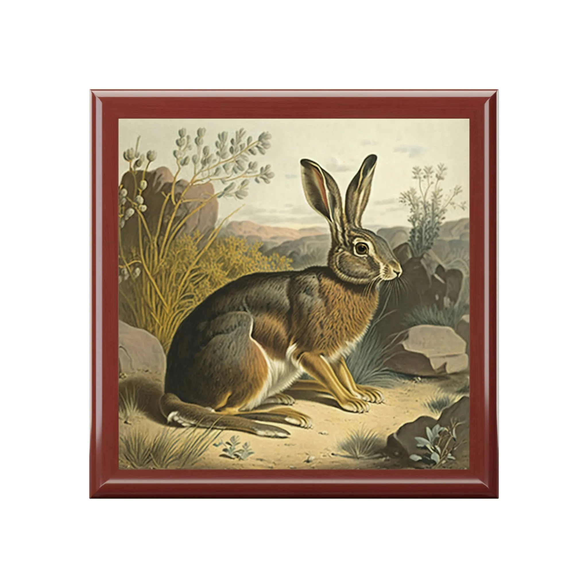 Vintage Rabbit Wooden Keepsake Jewelry Box with Ceramic Tile Cover