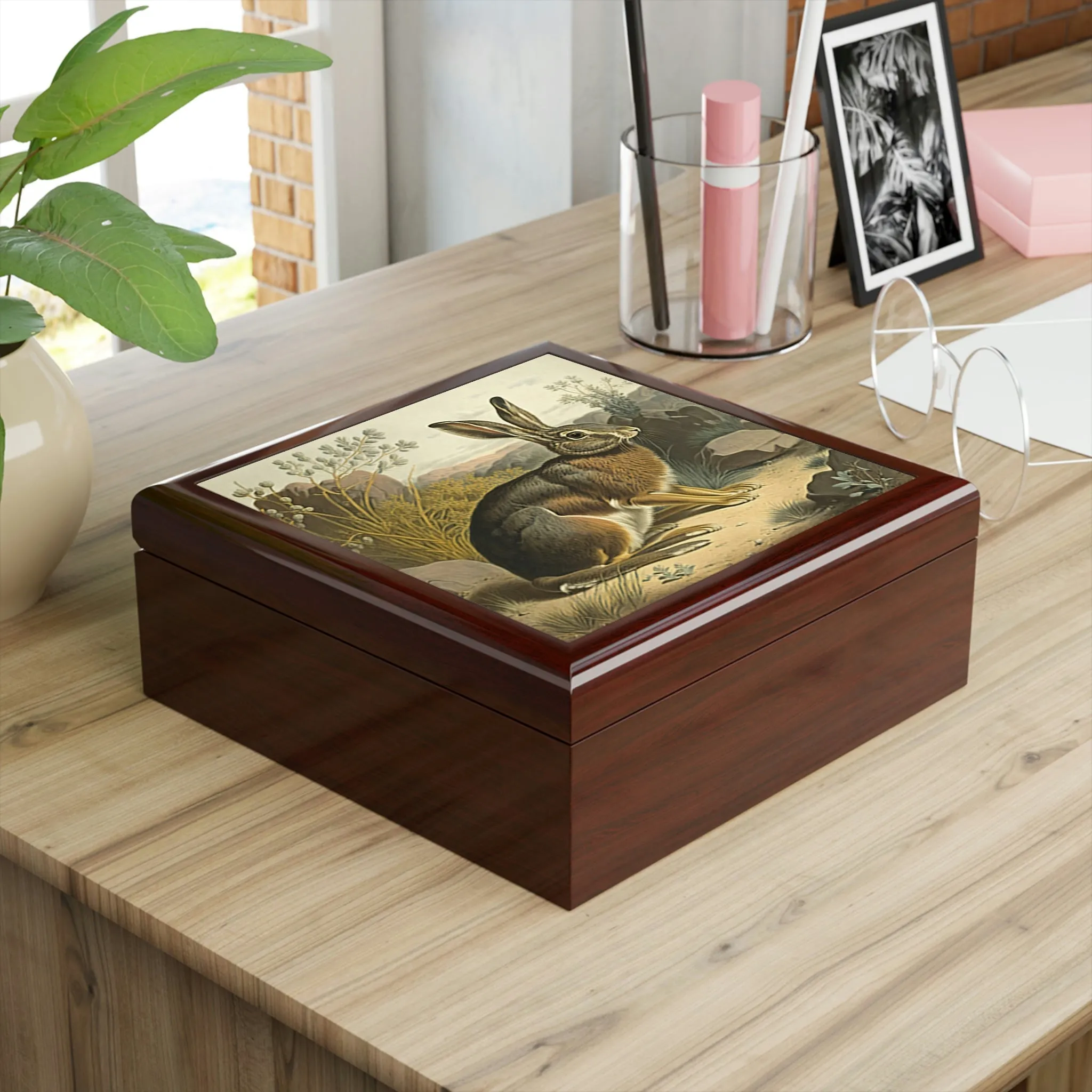 Vintage Rabbit Wooden Keepsake Jewelry Box with Ceramic Tile Cover