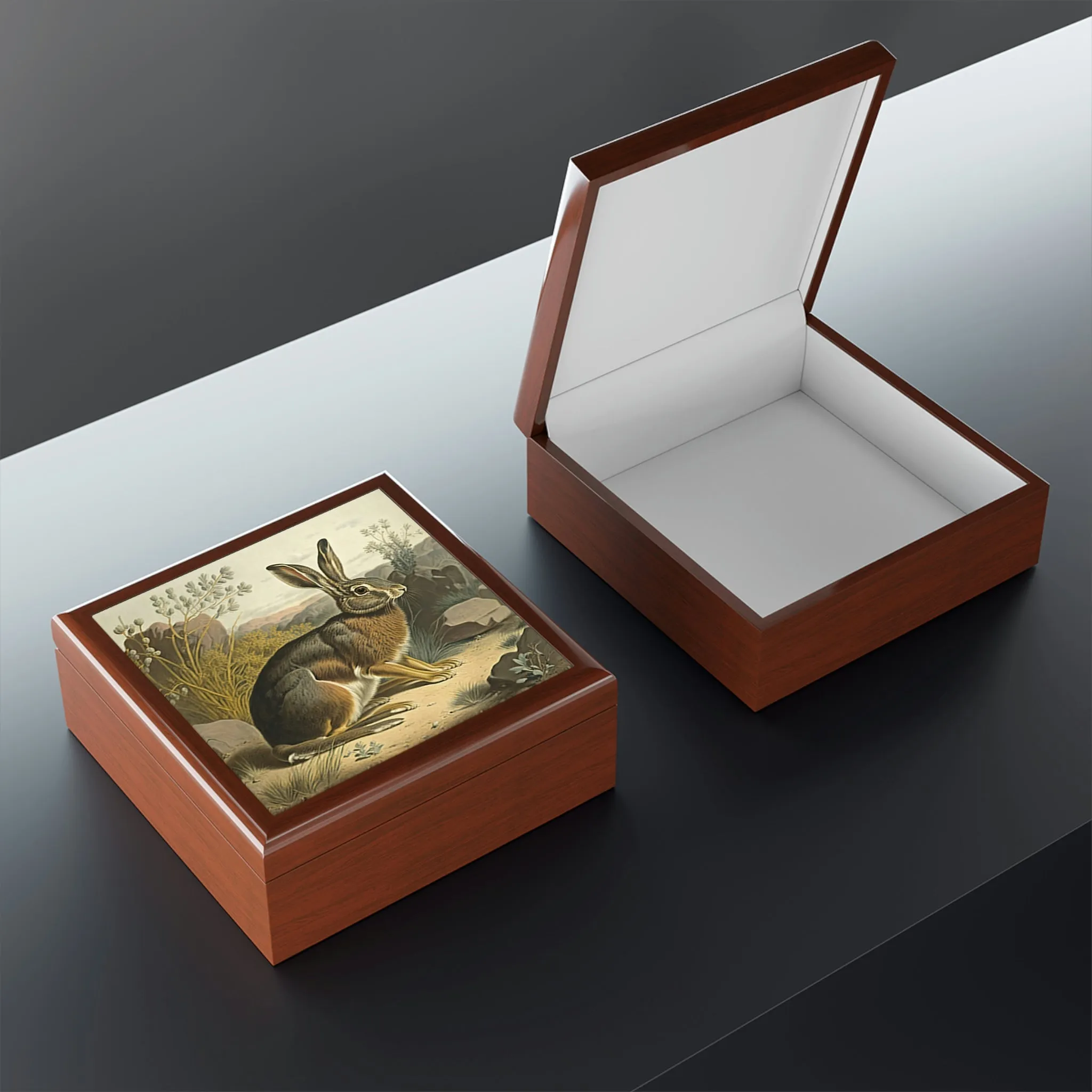 Vintage Rabbit Wooden Keepsake Jewelry Box with Ceramic Tile Cover