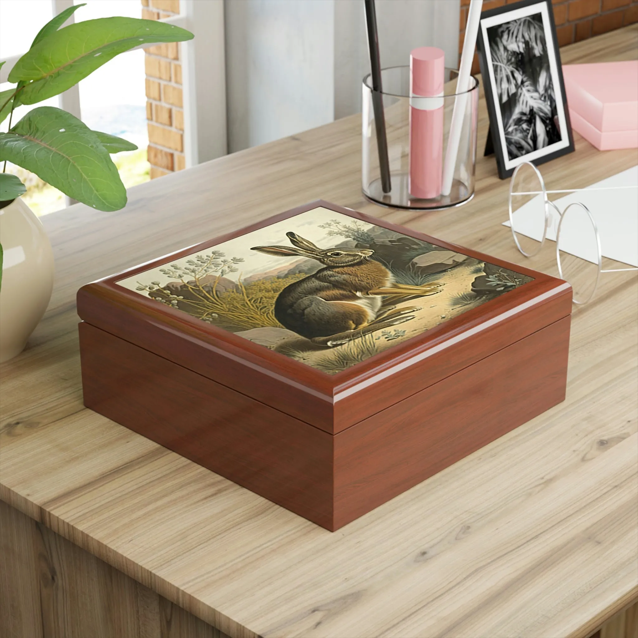 Vintage Rabbit Wooden Keepsake Jewelry Box with Ceramic Tile Cover