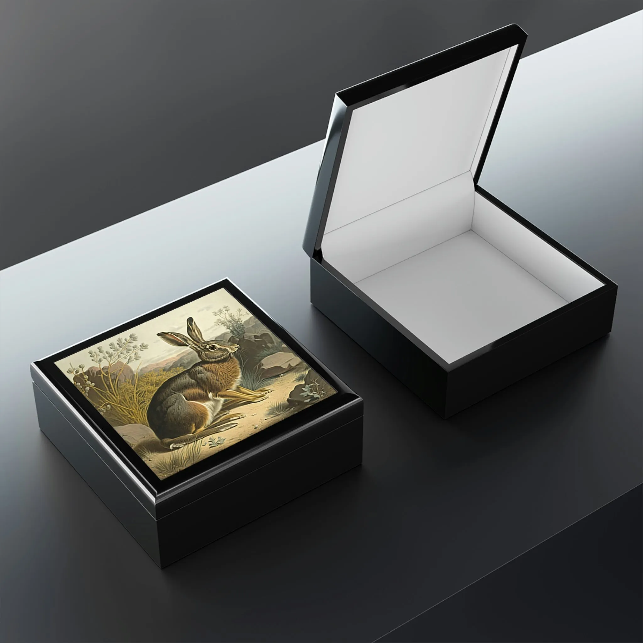 Vintage Rabbit Wooden Keepsake Jewelry Box with Ceramic Tile Cover