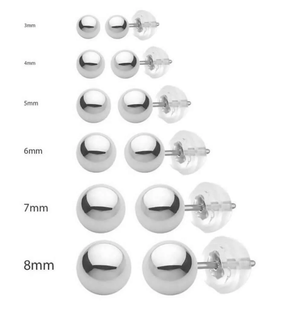 White Gold Ball Earrings High Polished 3MM - 10MM 14k with Silicone Protected Gold Pushbacks