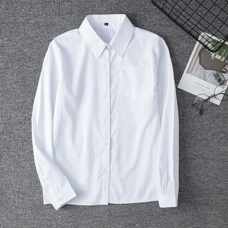 White Women Shirt Fashion Long Sleeve Casual Turn Down Collar Female Blouse Loose Pocket Button Office Ladies Elegant Tops