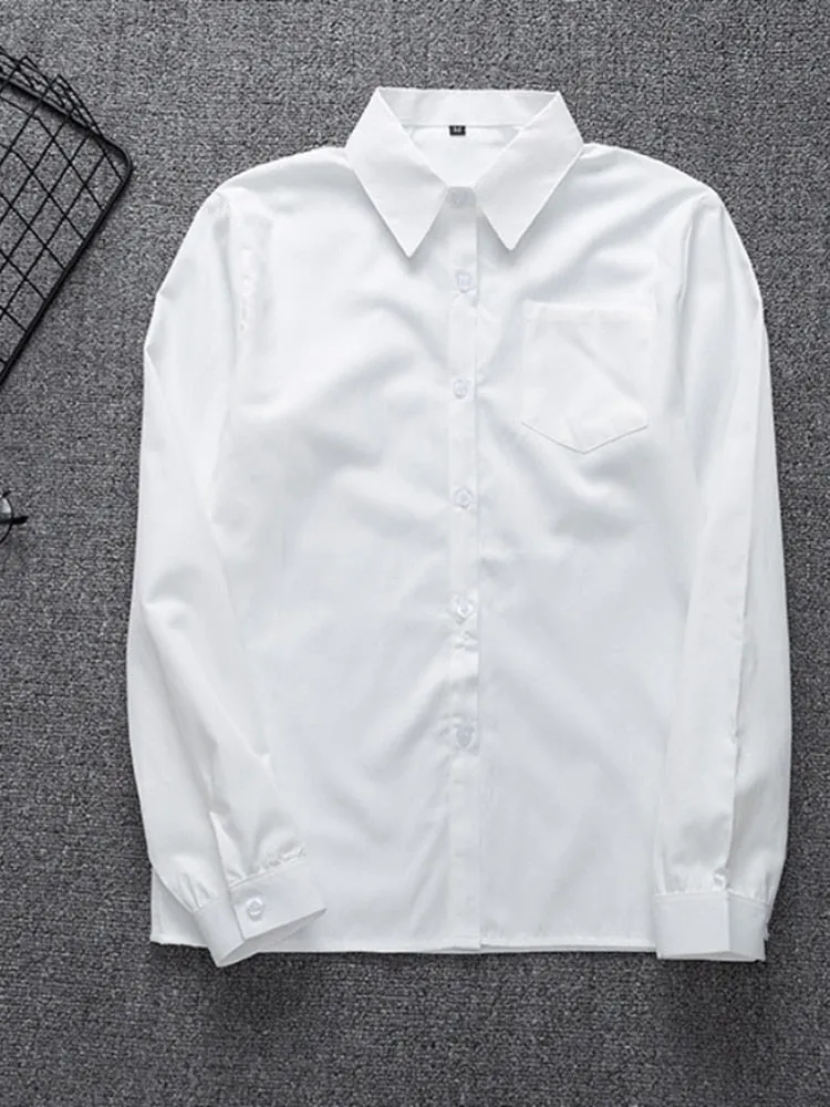 White Women Shirt Fashion Long Sleeve Casual Turn Down Collar Female Blouse Loose Pocket Button Office Ladies Elegant Tops