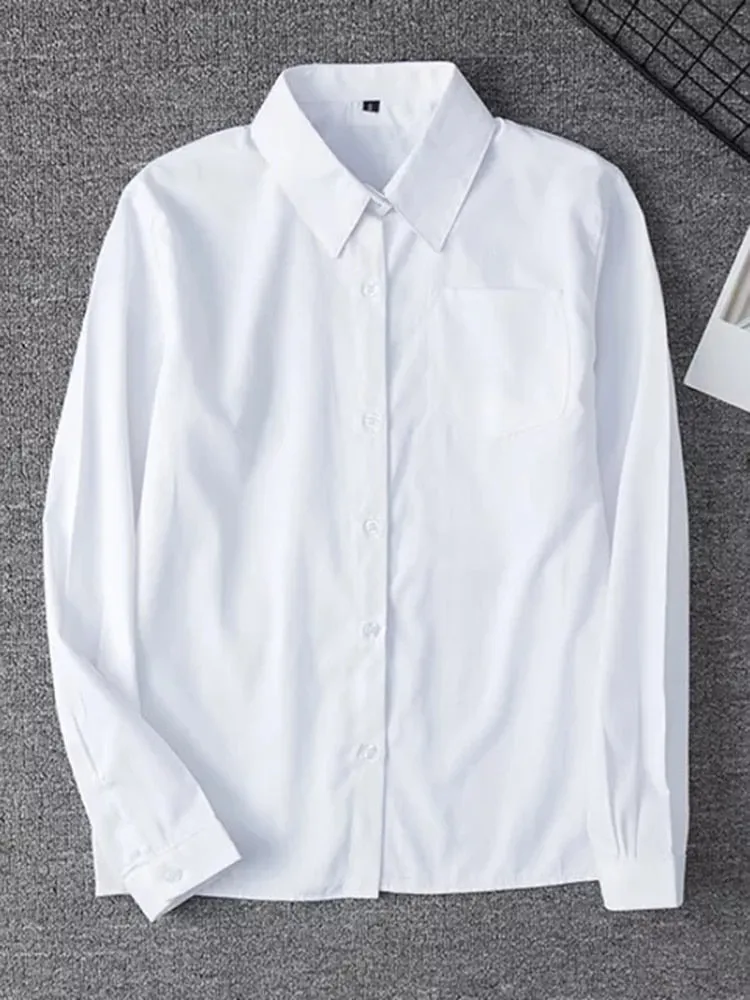 White Women Shirt Fashion Long Sleeve Casual Turn Down Collar Female Blouse Loose Pocket Button Office Ladies Elegant Tops