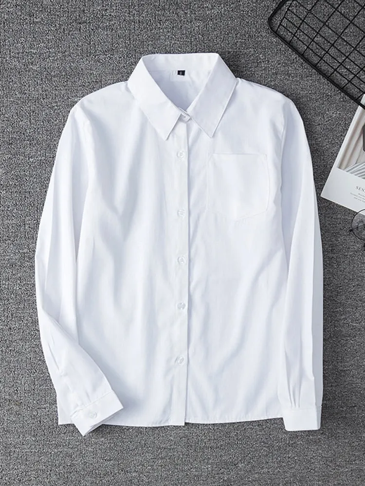 White Women Shirt Fashion Long Sleeve Casual Turn Down Collar Female Blouse Loose Pocket Button Office Ladies Elegant Tops