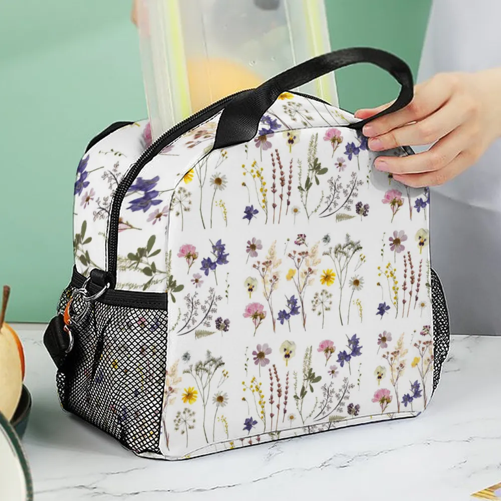 Wildflowers White Insulated Lunch Bag with Handles & Shoulder Strap