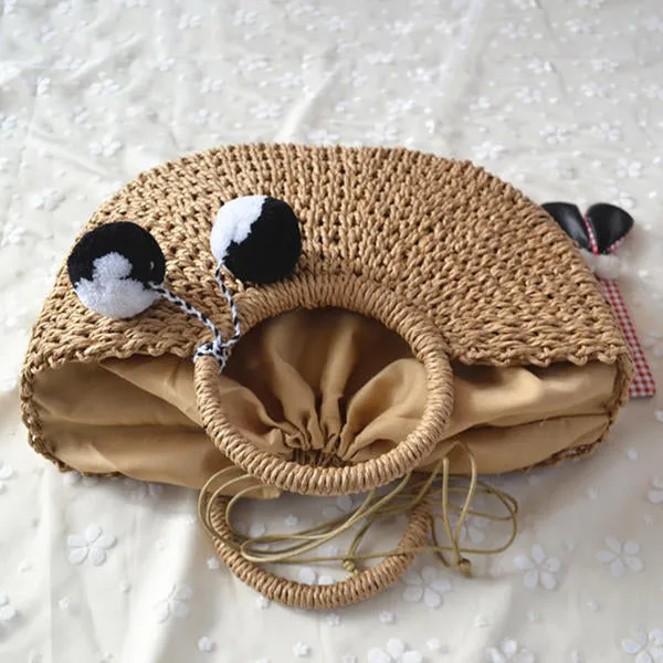 Women Casual Straw Handbag Woven Plush Ball Beach Bag