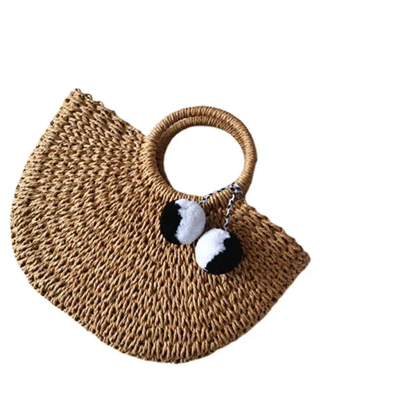 Women Casual Straw Handbag Woven Plush Ball Beach Bag