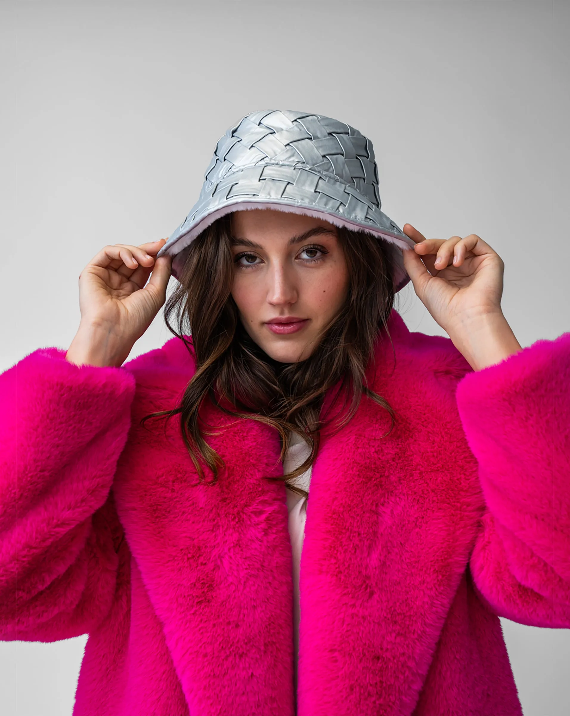 Woven Faux Leather & Faux Fur Reversible Bucket Hat