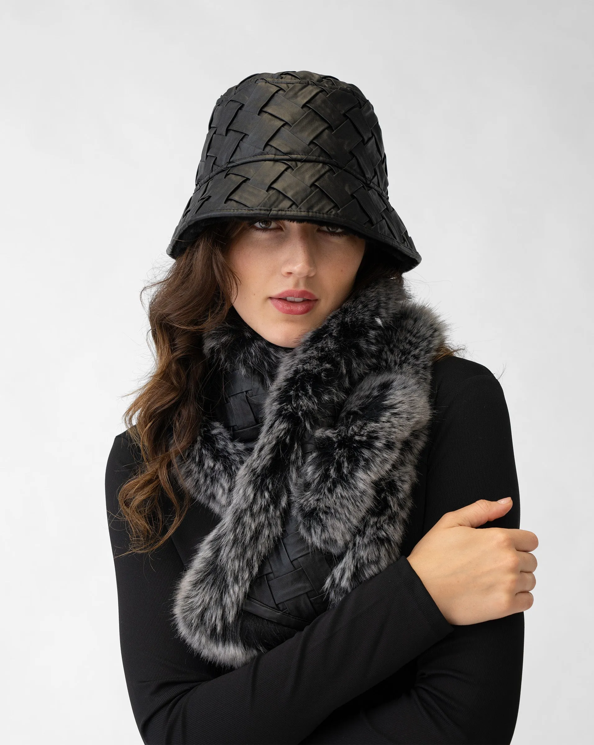 Woven Faux Leather & Faux Fur Reversible Bucket Hat